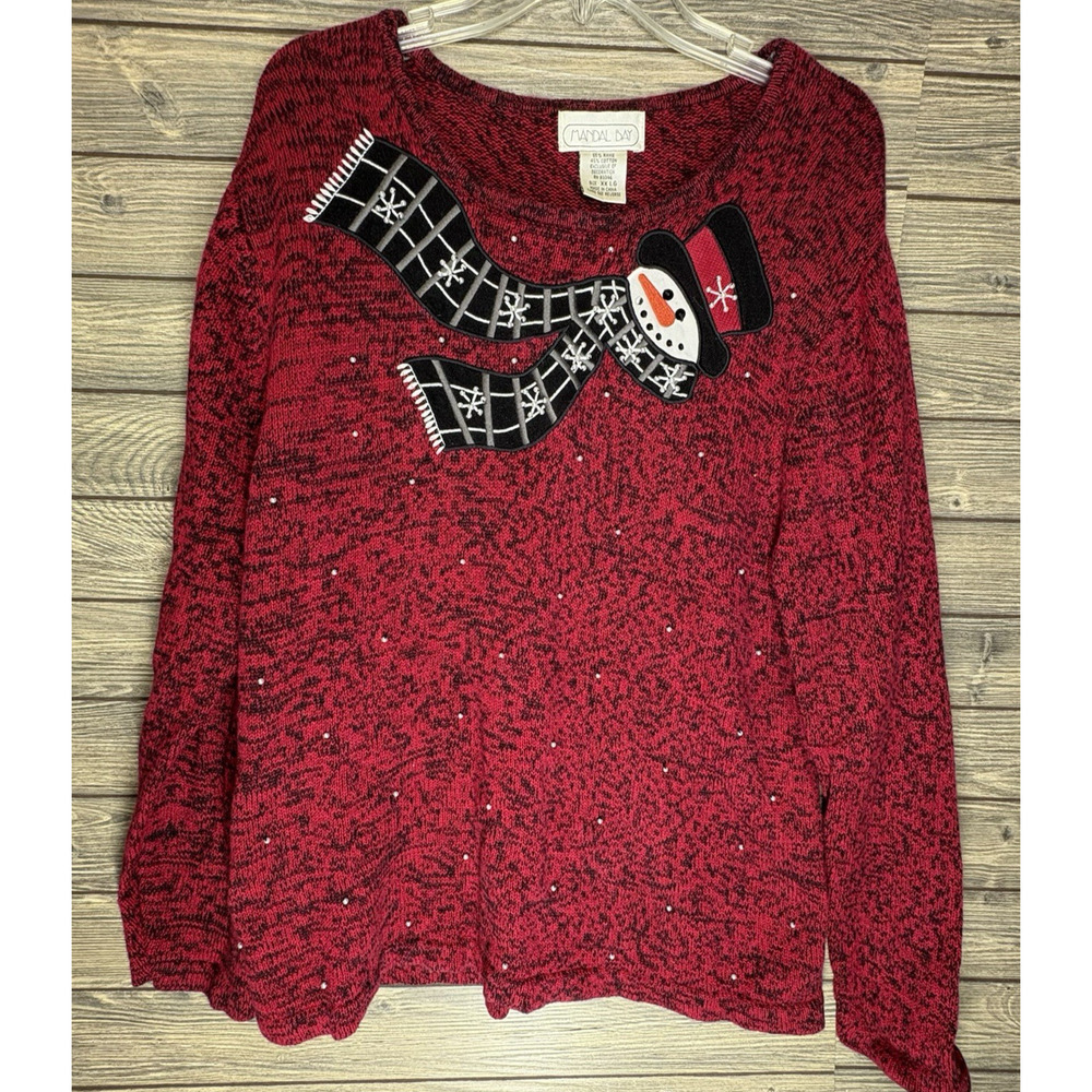 Vtg Mandal Bay Womens Sweater XXLarge Red Novelty Snowmen Holiday Winter Pearls